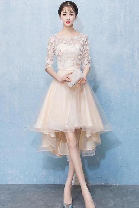 Light Champagne Tulle Lace High Low Prom Dress Lace Homecoming Dress,pl4455