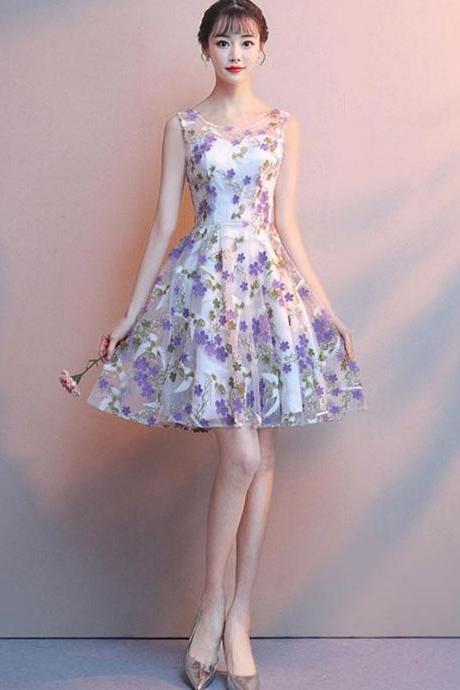 Cute Tulle Purple Flower Short Prom Dress Tulle Homecoming Dress,pl4456