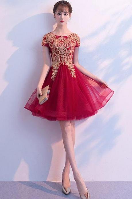 Burgundy Tulle Lace Short Prom Dress, Burgundy Lace Homecoming Dress,pl4458
