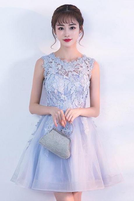 Gray Tulle Lace Short Prom Dress, Gray Homecoming Dress,pl4467