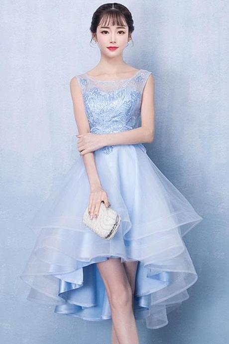 Blue Tulle High Low Lace Prom Dress, Blue Tulle Lace Homecoming Dress,pl4472