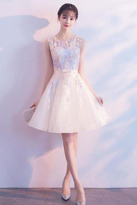 Light Champagne Tulle Lace Short Prom Dress, Tulle Homecoming Dress,pl4475