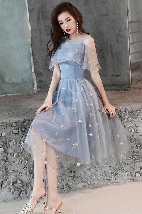 Blue tulle lace short prom dress, blue homecoming dress,PL4483