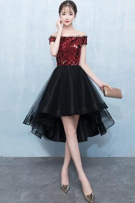 Burgundy Sequin Tulle Short Prom Dress, Homecoming Dress,pl4490