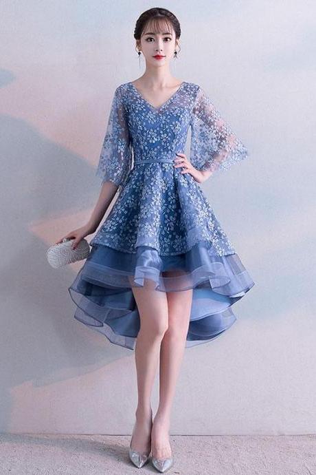 Blue V Neck Lace Short Prom Dress, Blue Lace Homecoming Dress,pl4492