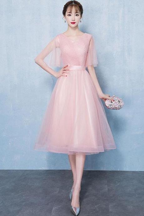 Simple V Neck Tulle Short Prom Dress, Pink Tulle Homecoming Dress,pl4497