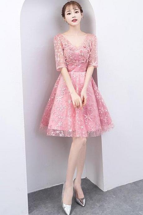 Pink Lace Short Prom Dress. Pink Lace Homecoming Dress,pl4499