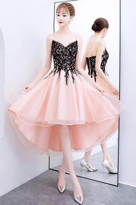 Pink V Neck Tulle Lace Short Prom Dress, Pink Homecoming Dress,pl4500