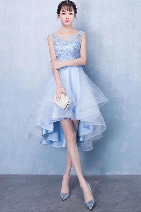 Blue Round Neck Tulle Short Prom Dress, Blue Evening Dress,pl4501