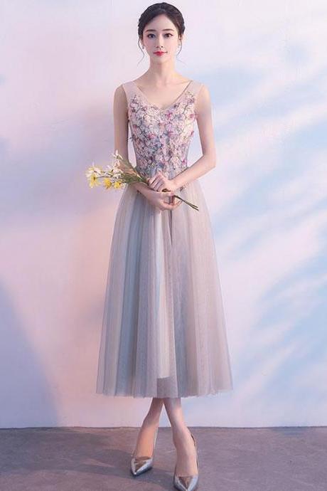 Gray V Neck Tulle Lace Prom Dress, Lace Tulle Evening Dress,pl4502