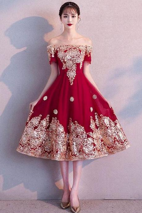 Burgundy Lace Short Prom Dress, Burgundy Lace Bridesmaid Dress,pl4503