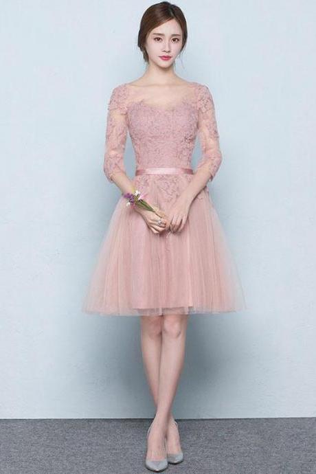 Pink Tulle Lace Short Prom Dress, Pink Tulle Bridesmaid Dress,pl4505