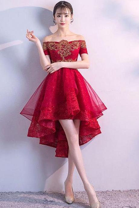 Burgundy Tulle Lace High Low Prom Dress, Burgundy Tulle Bridesmaid Dress,pl4506