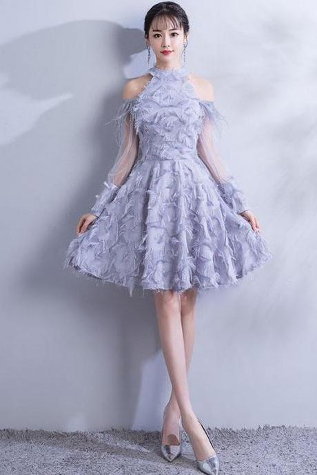 Gray Lace Short Prom Dress, Gray Lace Homecoming Dress,pl4509