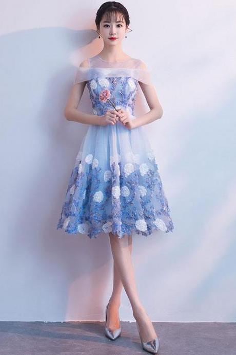 Blue Tulle Round Neck Lace Short Prom Dress, Blue Homecoming Dress,pl4512