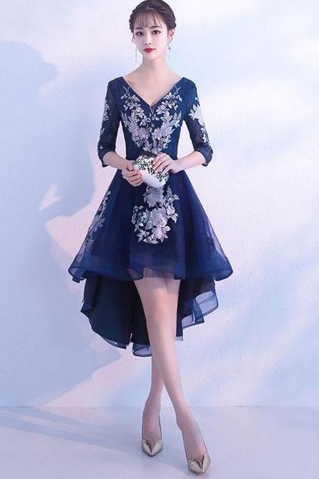 Dark Blue V Neck Tulle Lace Short Prom Dress, Homecoming Dress,pl4514