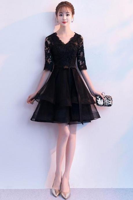 Black V Neck Lace Tulle Short Prom Dress, Black Homecoming Dress,pl4522