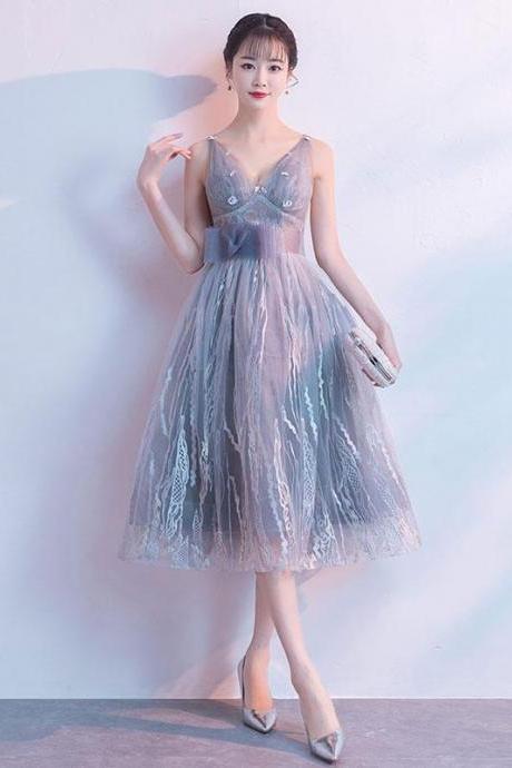 Gray V Neck Tulle Lace Short Prom Dress, Gray Homecoming Dress,pl4523