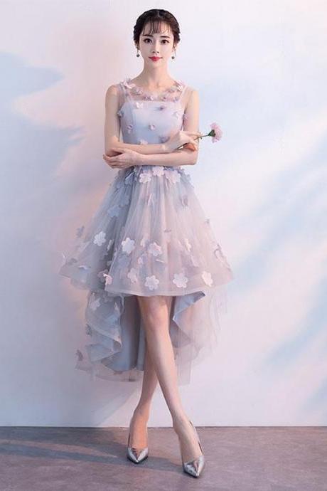 Gray Round Neck Tulle High Low Prom Dress, Gray Homecoming Dress,pl4525