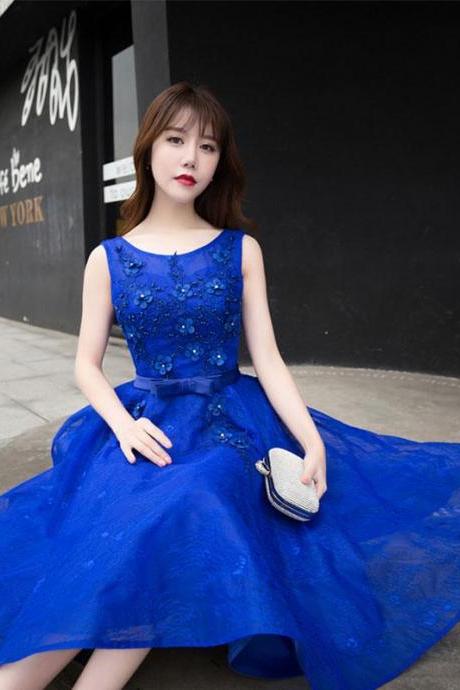 Royal Blue Lace A Line Short Prom Dress, Evening Dress,pl4532