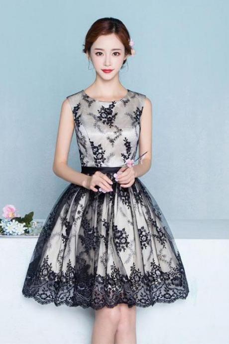 Black Lace Tulle A Line Short Prom Dress, Homecoming Dress,pl4534