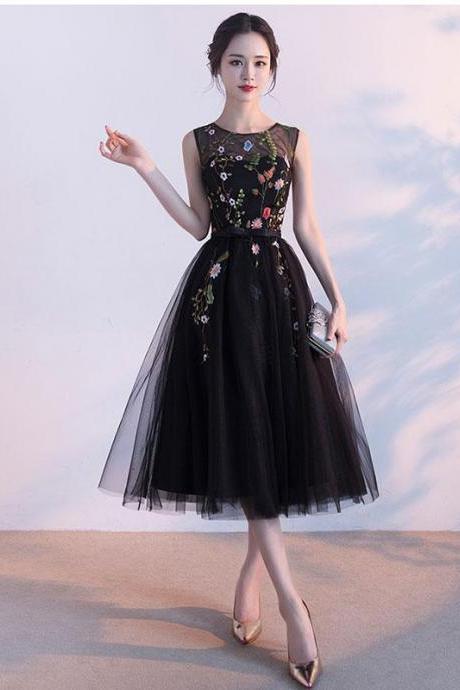 Black Round Neck Lace Tulle Short Prom Dress, Black Evening Dress,pl4539