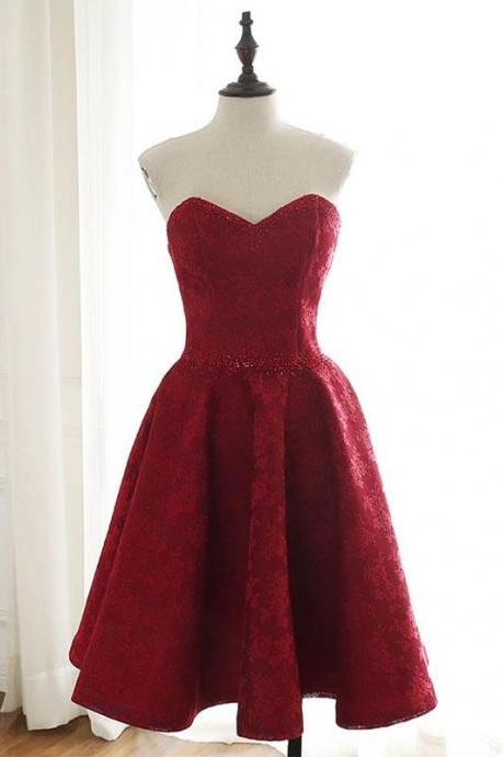 Burgundy Sweetheart Lace Short Prom Dress Burgundy Homecoming Dress,pl4543