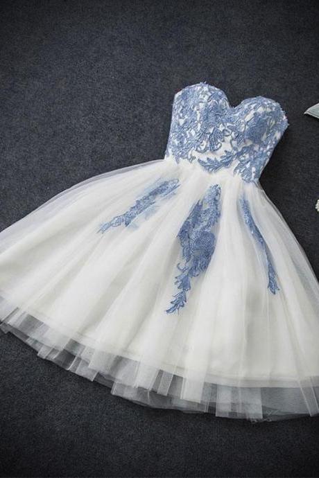 Cute Blue Sweetheart Neck Tulle Lace Short Prom Dress, Blue Homecoming Dress,pl4545