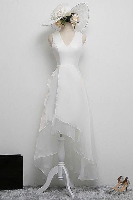 Simple White V Neck Short Prom Dress, White Evening Dress,pl4548