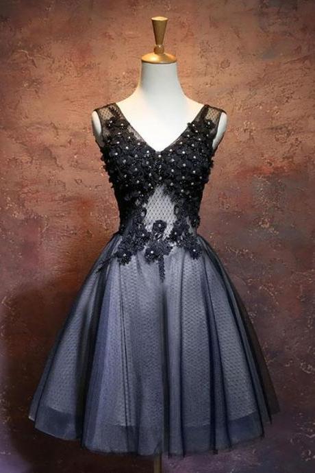 Black V Neck Lace Short Prom Dress, Black Evening Dress,pl4550