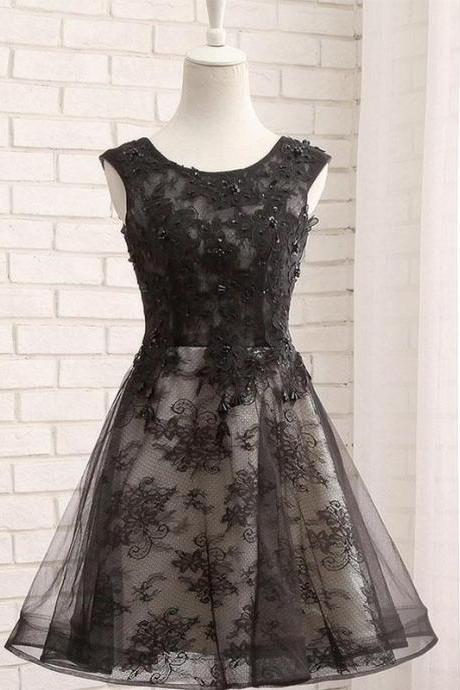 Black Lace Short Prom Dress, Black Evening Dress,pl4552