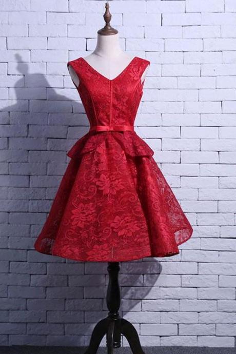 Red V Neck Lace Short Prom Dress, Homecoming Dress,pl4554