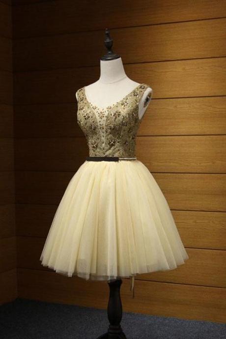 Cute Gold Tulle Lace Short Prom Dress, Cute Evening Dress,pl4560