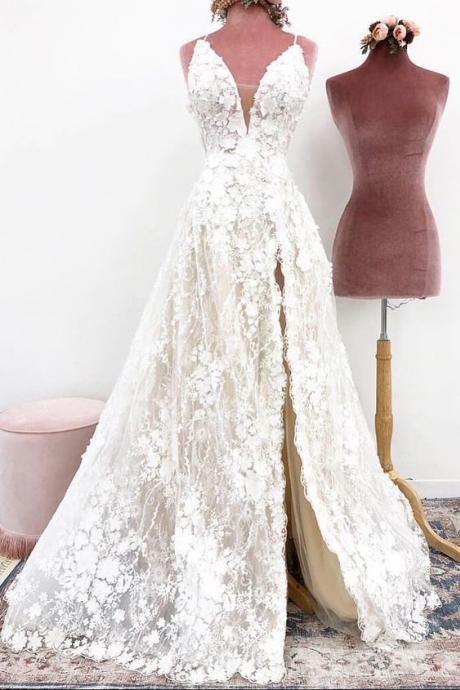 Unique Spaghetti Straps Lace Appliques V Neck Wedding Dresses, Long Wedding Gowns,pl4574