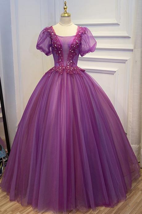 Purple Beading Embroidery Lace Bubble Sleeve Ball Gown Medieval Dress,pl4579