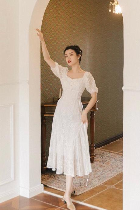 White Cottage Core Dress- Summer Wedding Guest Dress-vintage Lace Dress- French Style Dress-victorian Style Dress-romance Dress-spring