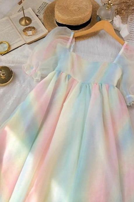 Rainbow Fairy Dress-princess Dress Women-summer Lace Mesh Dress-french Romance Dress-lolita Dress-spring Dress-formal Midi Dress-party