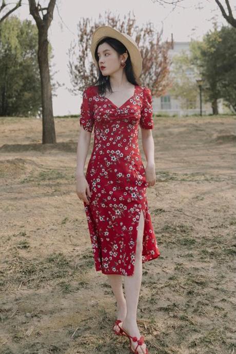 Vacation Dresses-women Mini Dress-french Floral Dress-summer Dresses-casual Dresses-spring Clothing-red Dress-floral Print Dress,pl4676