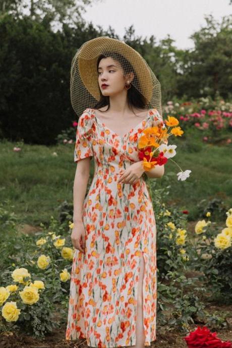 Vintage Women Dress-french Style Dress-victorian Dress-floral Print Dress-spring 2021 Dress-cottage Dress-milk Maid Dress,pl4678