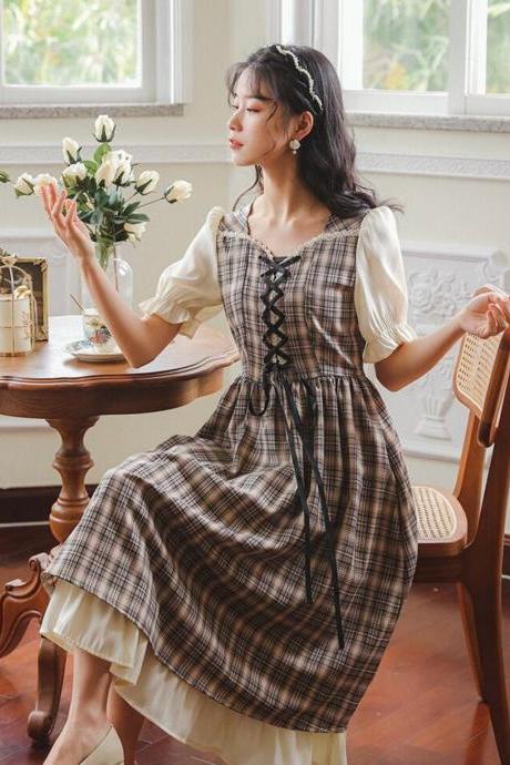 Cottage Core Dress- Prairie Dress-french Maid Dress- Mini Plaid Dress- Casual Women Dress- Women Summer Dresses-victorian Dress-french