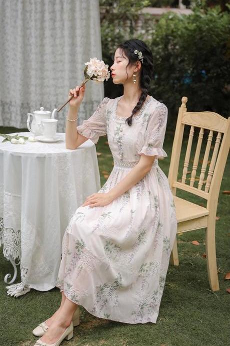 Floral Print Dress-cottage Core Dress-vintage Lace Dress-summer Dress-milk Maid Dress-prairie Dress-casual Women Dress-boho Dress,pl4685