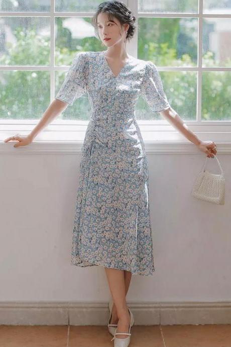 Ditsy Floral Print Dress-women Chiffon Dress-floral Retro Dress-casual Dress-summer Midi Dress-cottage Style Dress-french Romance Dress,pl4691