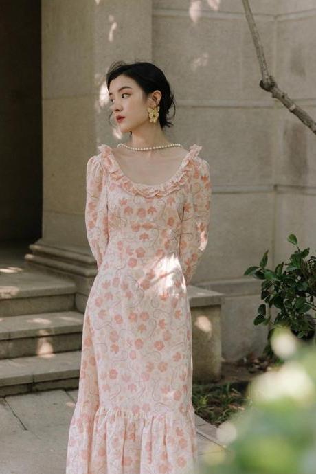 Floral Print Dress-summer Cottage Dress-spring Dresses-wedding Guest Dress-french Retro Dress-women Casual Dress-pink Maxi Dress-long