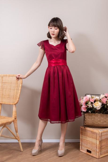 Sweetheart Red Vintage Party Dress Ruffle Sleeve Bridesmaid Silk Chiffon Dress Long Chinese Wedding Gown,pl4708