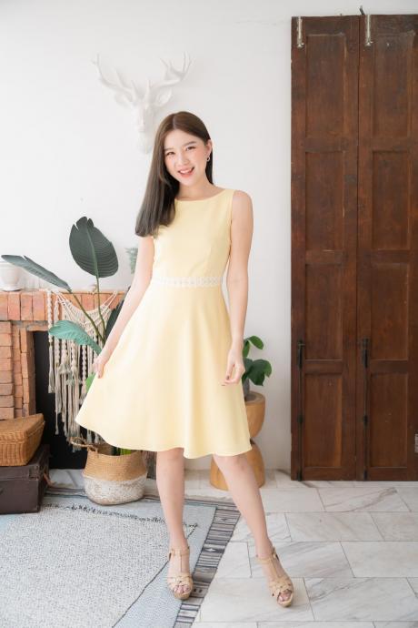 Yellow Dress Elegant Classic Easter Summer Office Wear Sleeveless Swing Skirt With Floral Lace Bridesmaid Party Dress Sundress,pl4716