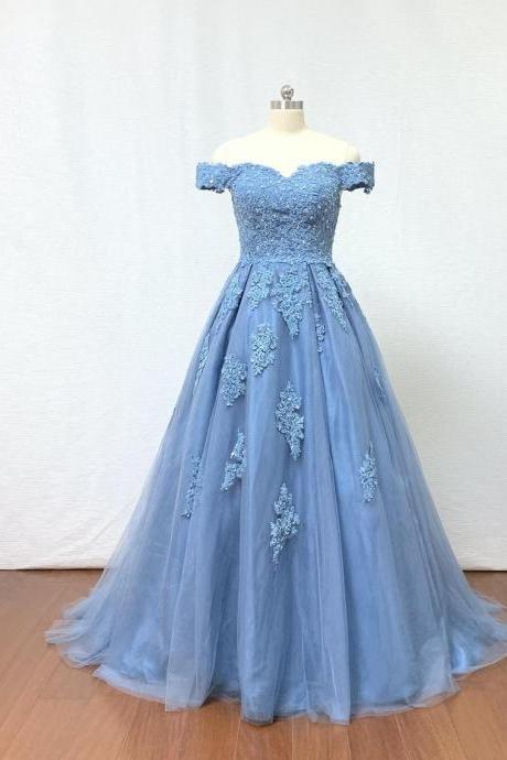 Ball Gown Dusty Blue Lace Tulle Long Prom Dress Wedding Dress,pl4724