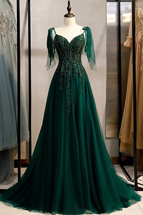 Emerald Green Spaghetti Straps Prom Dress Shinny Prom Dress Ball Gown A-line Wedding Dress Fairy Prom Gown Banquet Dress Formal Party