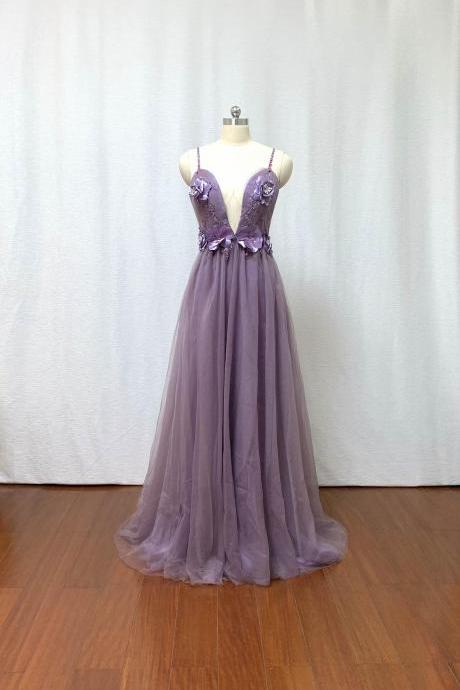 Spaghetti Straps Dusty Purple Tulle Long Prom Dress,pl4730