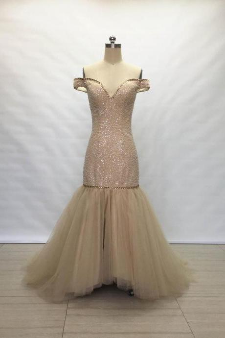 Off The Shoulder Champagne Tulle Long Prom Dress Mermaid,pl4731