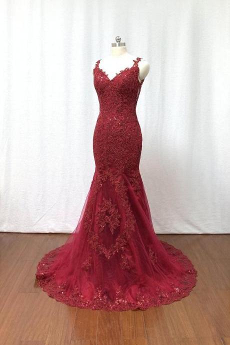 Mermaid V-neck Burgundy Lace Applique Long Prom Dress Illusion Back,pl4732